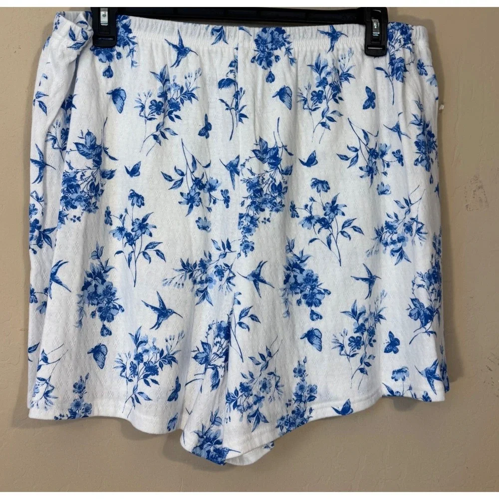 Croft & Barrow Pajama Set Women 2X White Blue Floral Birds Butterflies 2pc NEW